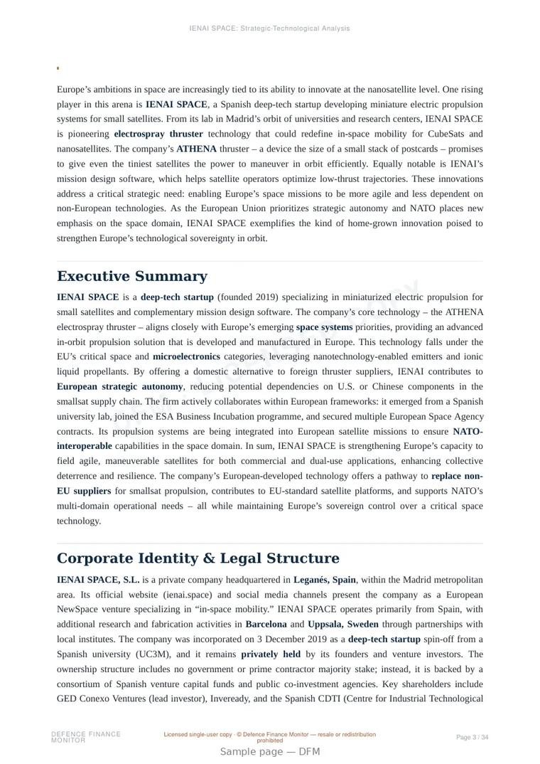 Sample page from “IENAI SPACE — Spain space company” — 35-page report