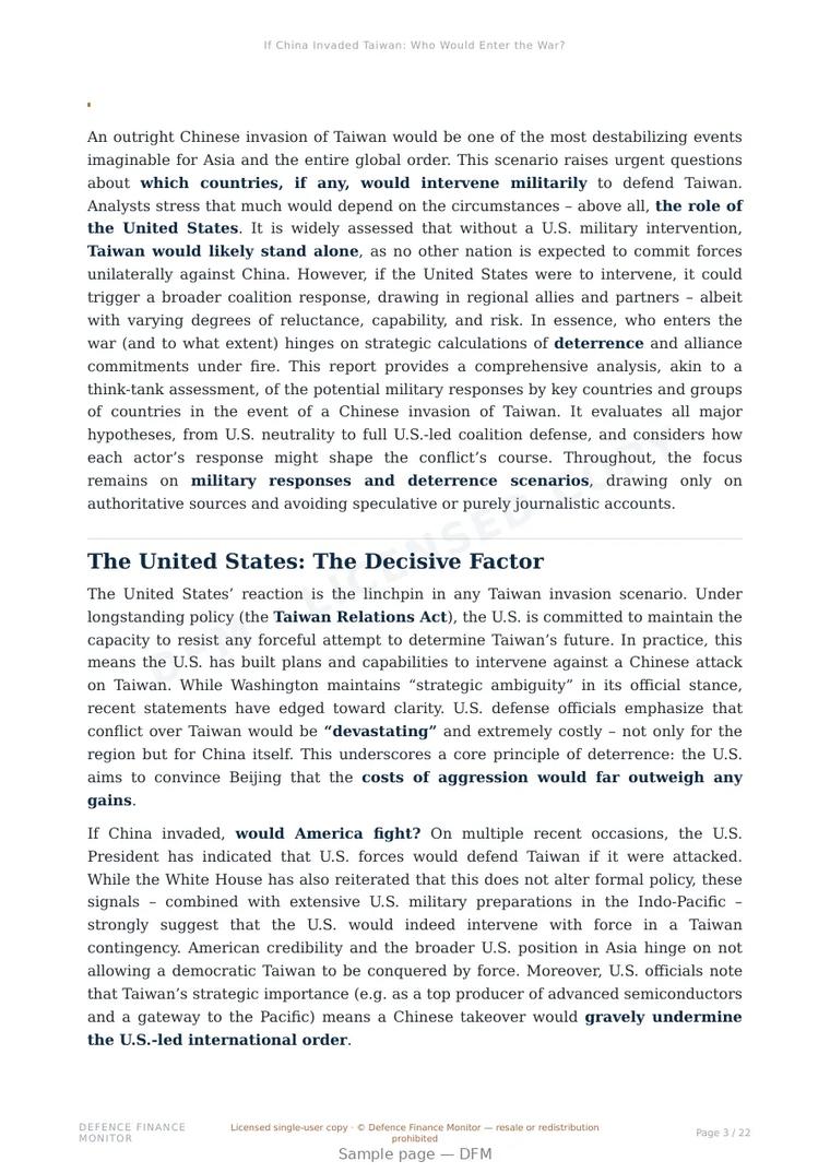 Sample page from “If China Invaded Taiwan: Who Would Enter the War?” — 23-page report