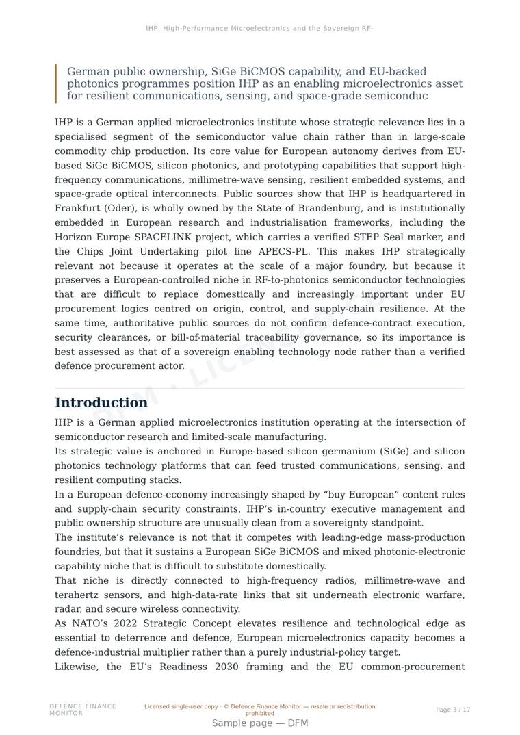 Sample page from “IHP: High-Performance Microelectronics and the Sovereign RF-to-Photonics Layer of European Strategic Autonomy” — 18-page report