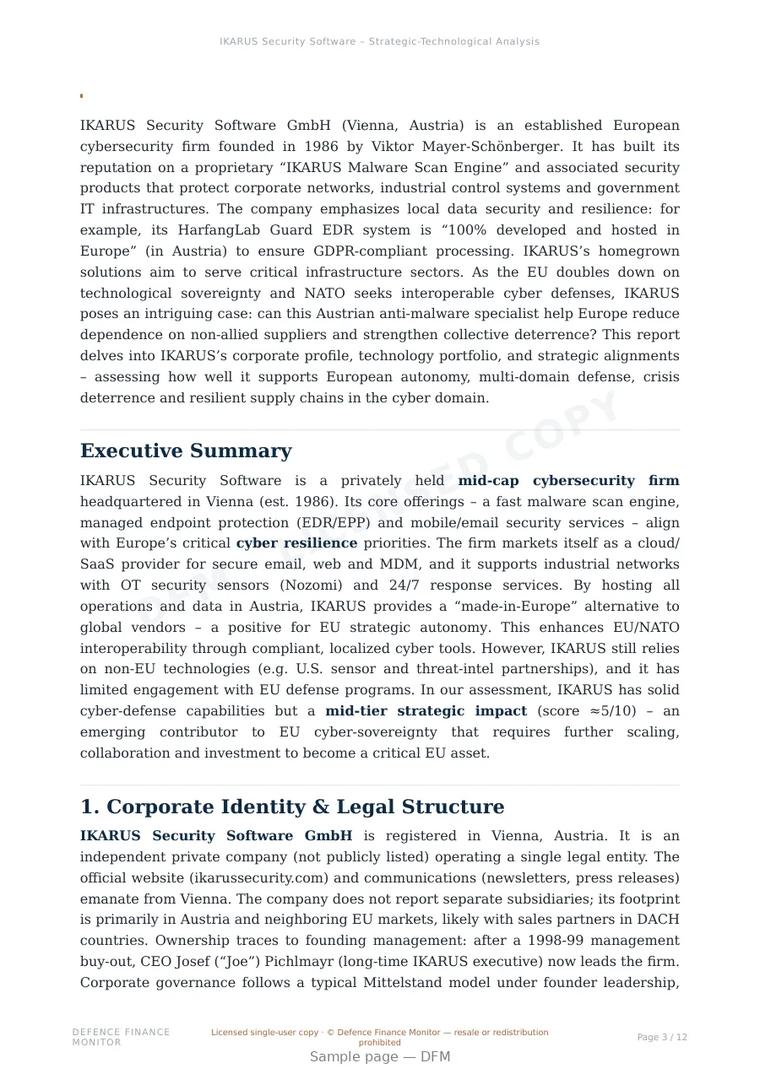 Sample page from “IKARUS Security Software GmbH — Austria defensive cyber company” — 13-page report