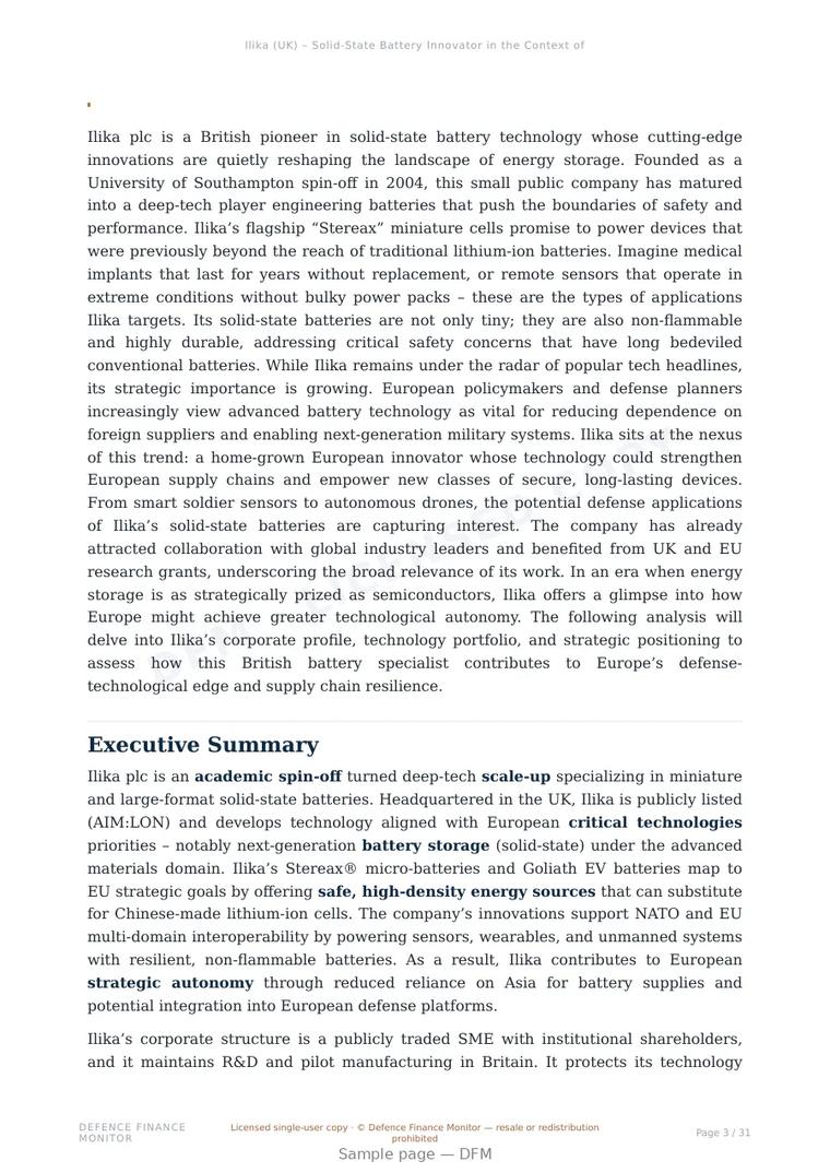 Sample page from “Ilika (UK) – Solid-State Battery Innovator in the Context of European Strategic Autonomy” — 32-page report