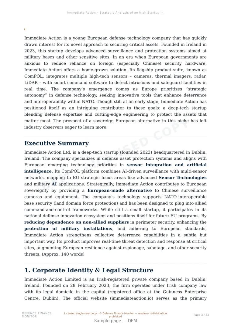 Sample page from “Immediate Action – Strategic Analysis of an Irish Startup in Defense Asset Protection” — 34-page report