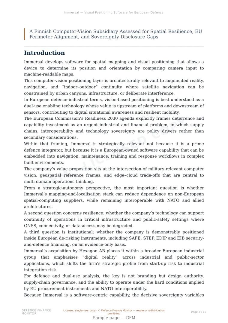 Sample page from “Immersal — Visual Positioning Software for European Defence Autonomy” — 16-page report