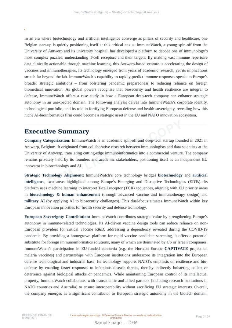 Sample page from “ImmuneWatch — Belgium biotechnology company” — 35-page report