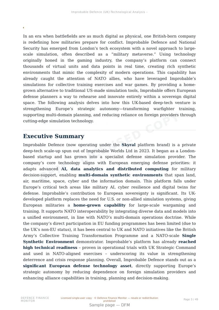 Sample page from “Improbable Defence (UK)-Technological Analysis” — 50-page report