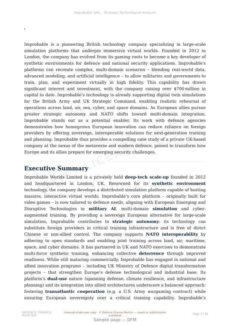 Sample page from “Improbable — United Kingdom training company” — 43-page report