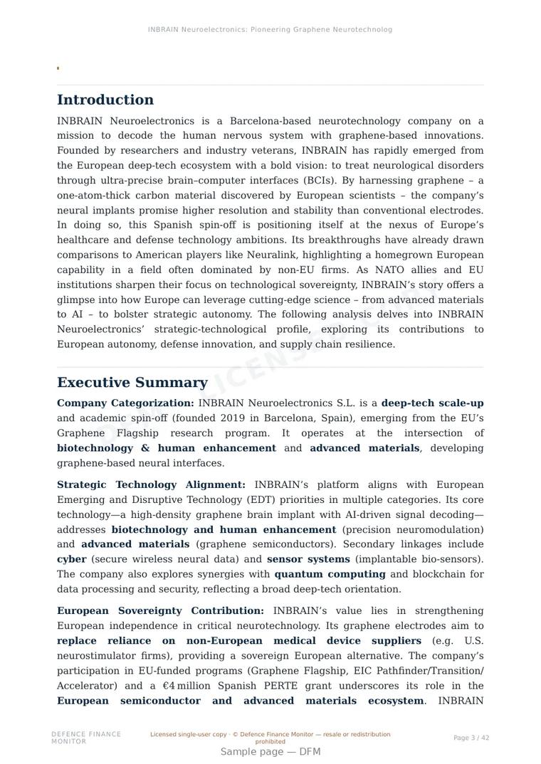 Sample page from “INBRAIN Neuroelectronics: Pioneering Graphene Neurotechnology in Europe’s Strategic Landscape” — 43-page report