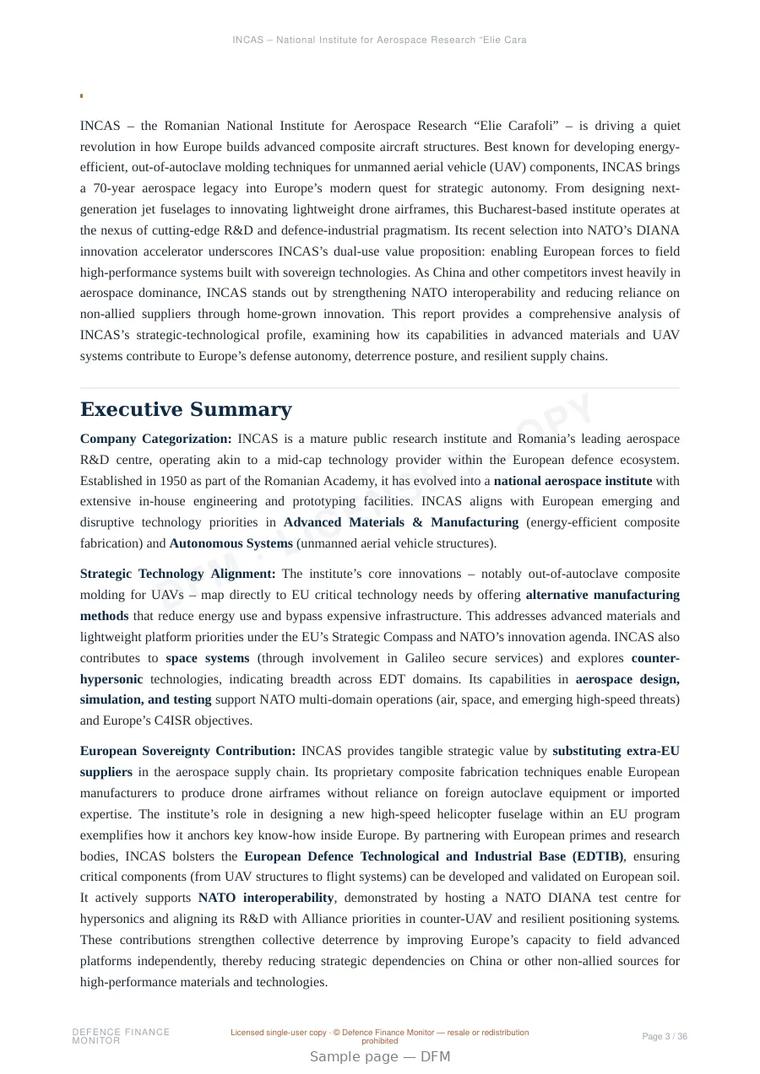 Sample page from “INCAS – National Institute for Aerospace Research “Elie Carafoli” (Romania)” — 37-page report