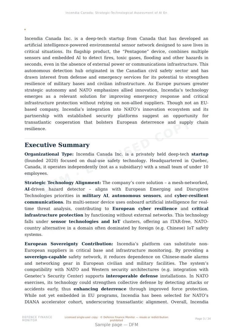 Sample page from “Incendia Canada: Strategic-Technological Assessment of AI Environmental Sensing for Emergency Response Coordination” — 35-page report