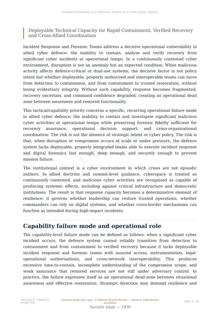 Sample page from “Incident Response and Forensic Teams as a Core Cyber Resilience Capability” — 21-page report