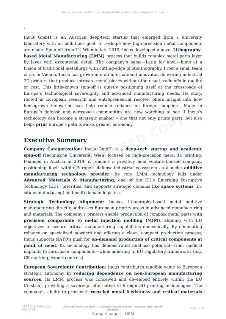 Sample page from “Incus GmbH – Advanced Metal Additive Manufacturing for European Autonomy” — 38-page report