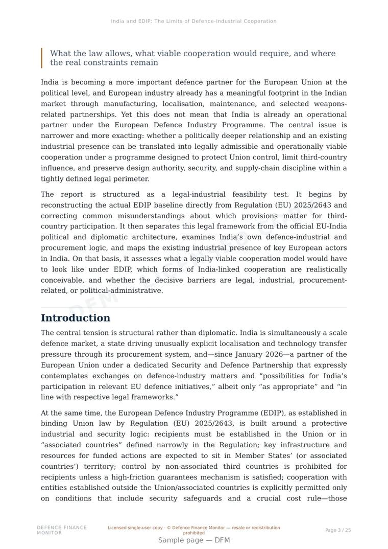 Sample page from “India and EDIP: The Limits of Defence-Industrial Cooperation” — 26-page report