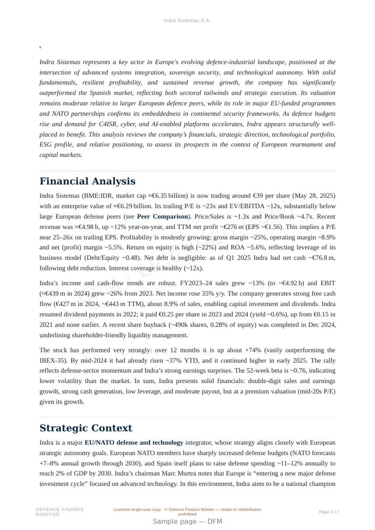 Sample page from “Indra Sistemas S.A.” — 8-page report