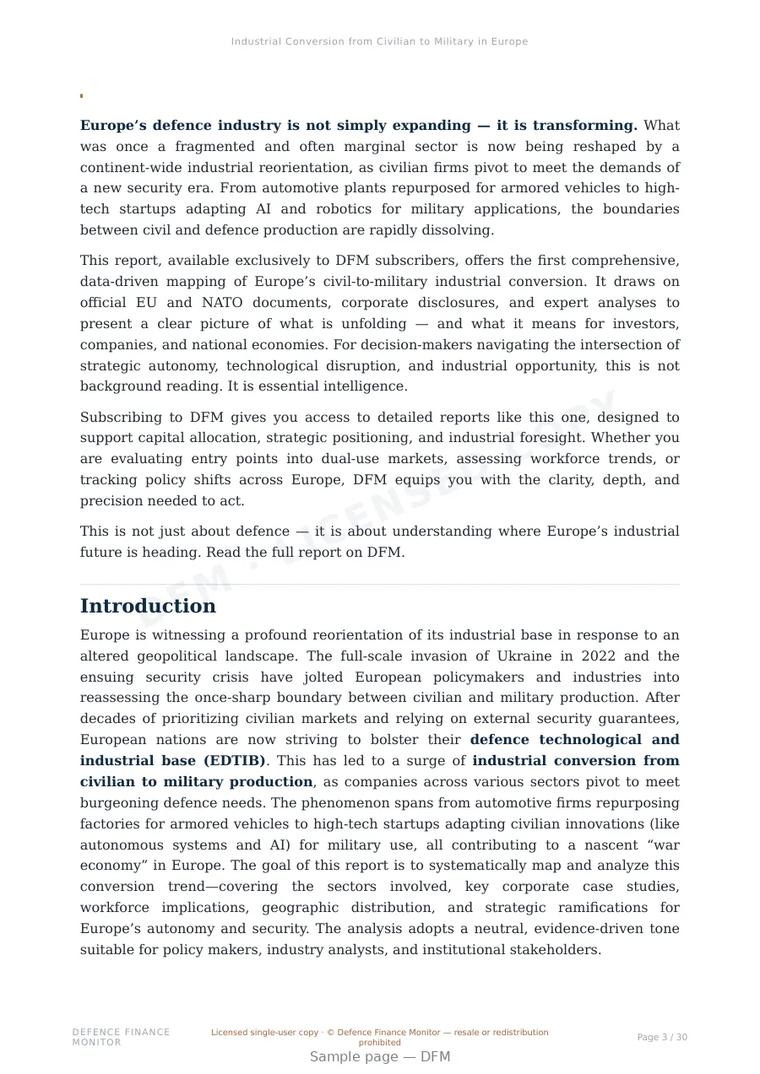 Sample page from “Industrial Conversion from Civilian to Military in Europe” — 31-page report