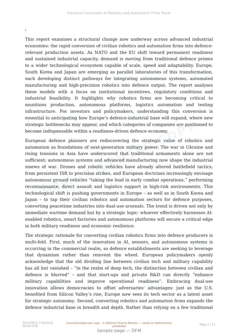 Sample page from “Industrial Conversion of Robotics and Automation Firms Toward Defence Output” — 14-page report