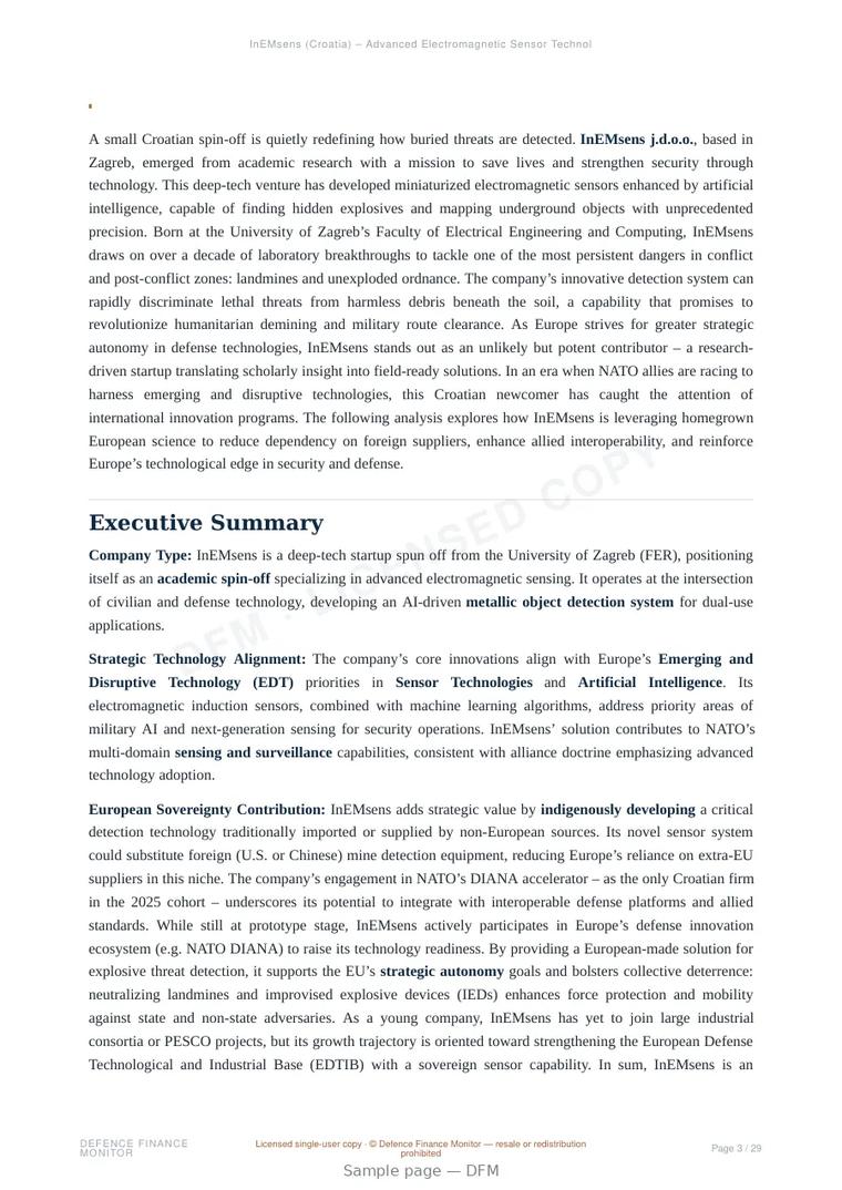 Sample page from “InEMsens (Croatia) – Advanced Electromagnetic Sensor Technology for Dual-Use Detection” — 30-page report