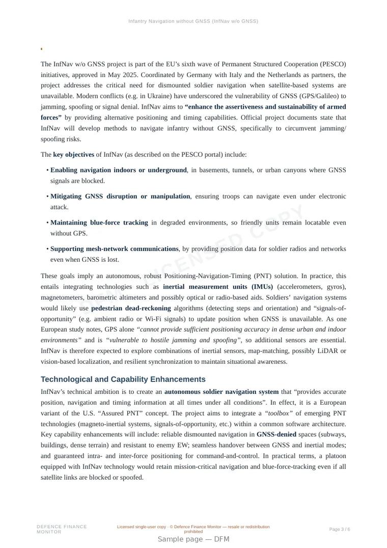 Sample page from “Infantry Navigation without GNSS (InfNav w/o GNSS)” — 7-page report
