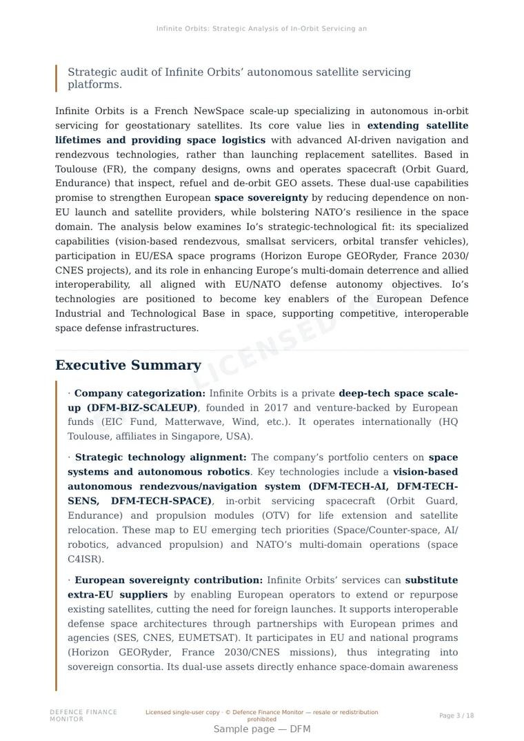 Sample page from “Infinite Orbits: Strategic Analysis of In-Orbit Servicing and Space Sovereignty” — 19-page report