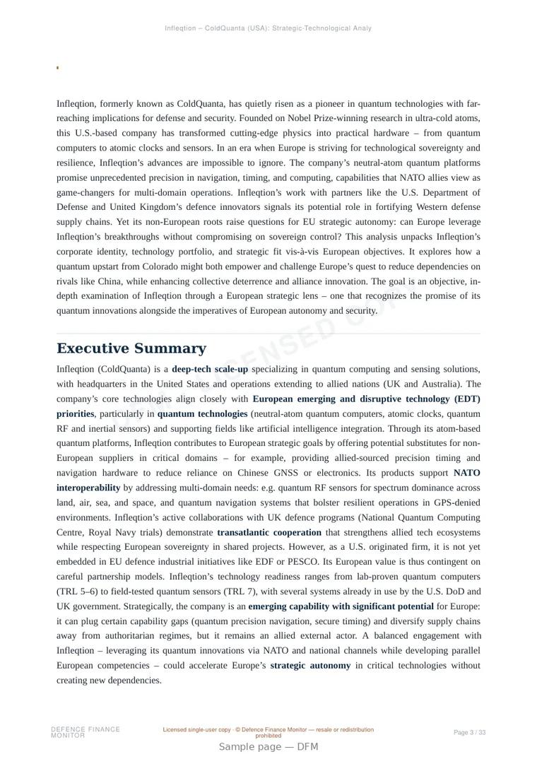 Sample page from “Infleqtion — United States quantum company” — 34-page report