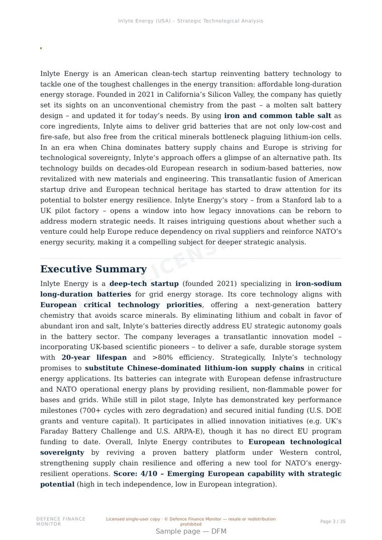 Sample page from “Inlyte Energy (USA) – Strategic Technological Analysis” — 36-page report