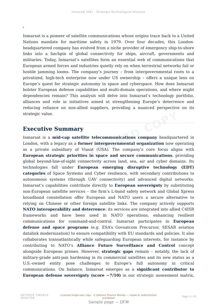 Sample page from “Inmarsat — United Kingdom satellite communications company” — 43-page report