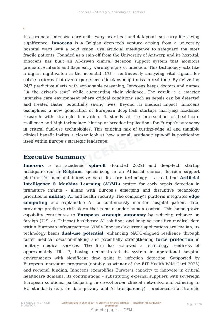 Sample page from “Innocens — Belgium artificial intelligence company” — 37-page report