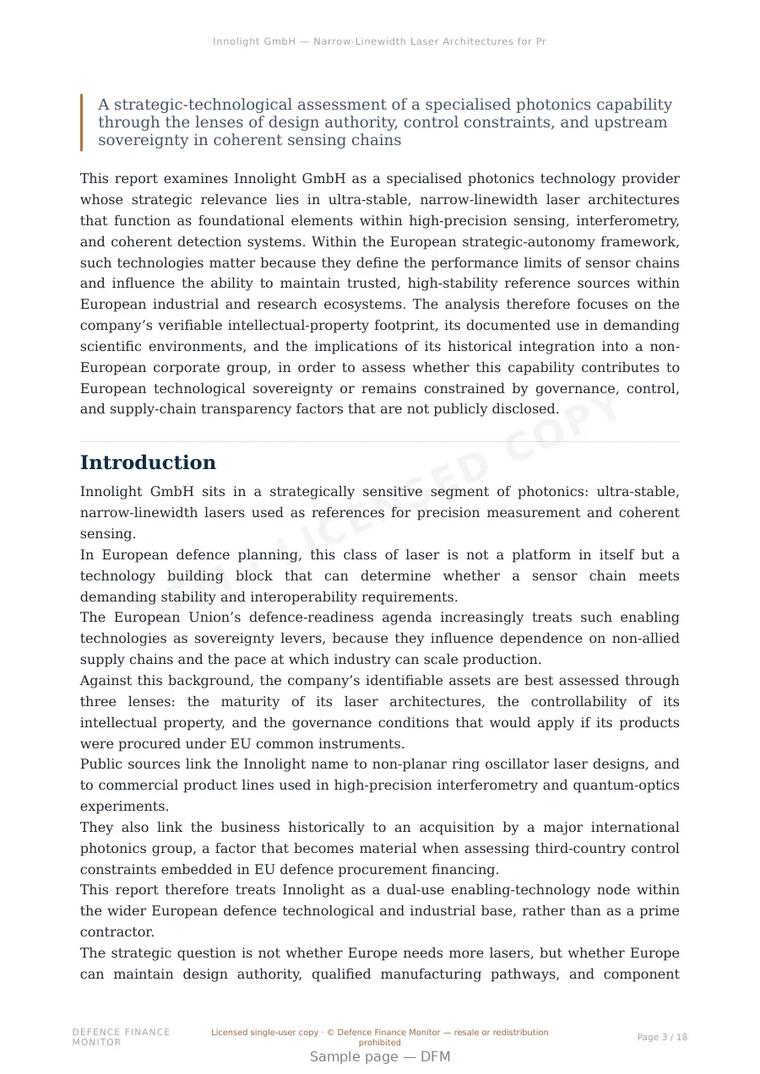 Sample page from “Innolight GmbH — Narrow-Linewidth Laser Architectures for Precision Sensing and Interferometry” — 19-page report
