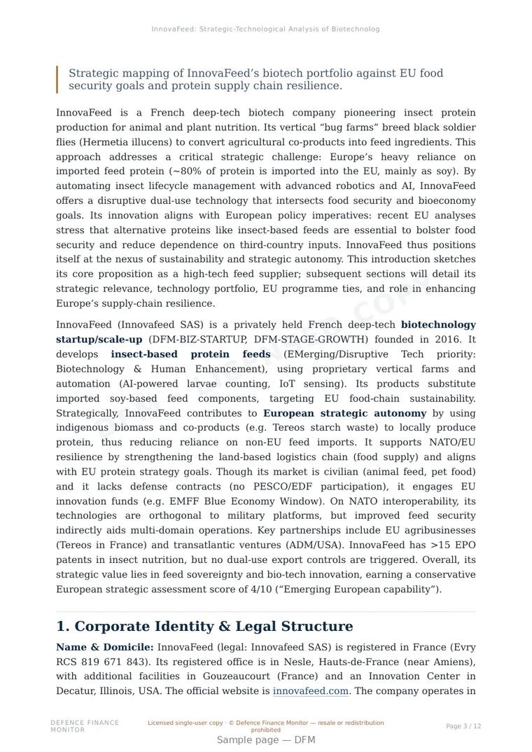 Sample page from “InnovaFeed — France biotechnology company” — 13-page report