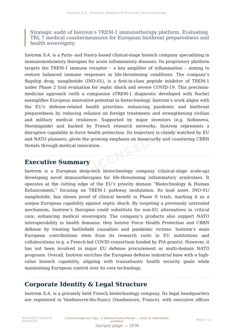Sample page from “Inotrem S.A.: Strategic Analysis of Precision Immunotherapy and European Health Autonomy” — 13-page report