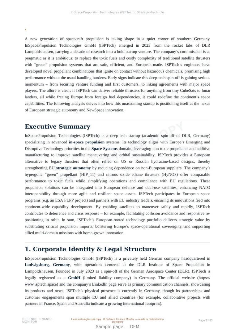 Sample page from “InSpacePropulsion Technologies (ISPTech): Strategic-Technological Profile” — 34-page report
