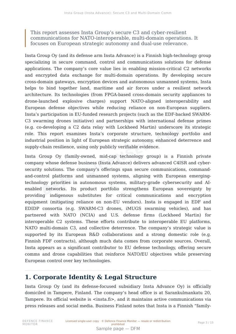 Sample page from “Insta Group (Insta Advance): Secure C3 and Multi-Domain Communications for European Defence” — 16-page report