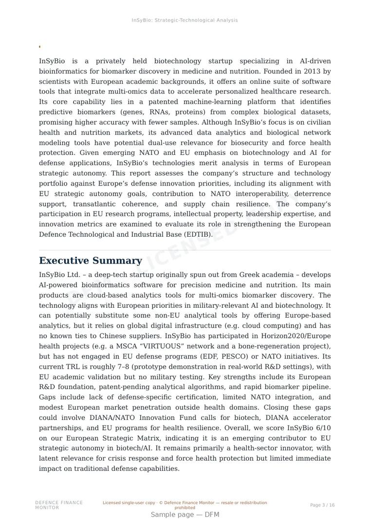 Sample page from “InSyBio — military medical tech company” — 17-page report