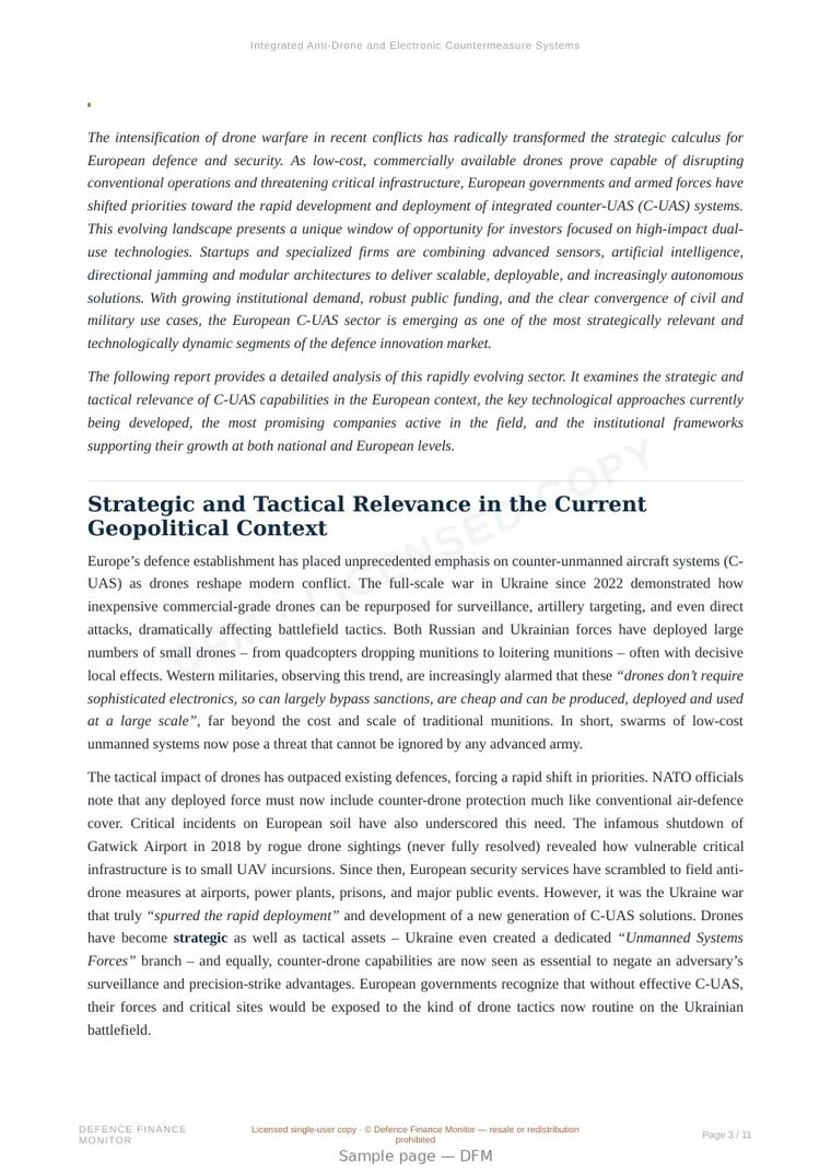Sample page from “Integrated Anti-Drone and Electronic Countermeasure Systems in Europe: Current State and Prospects” — 12-page report