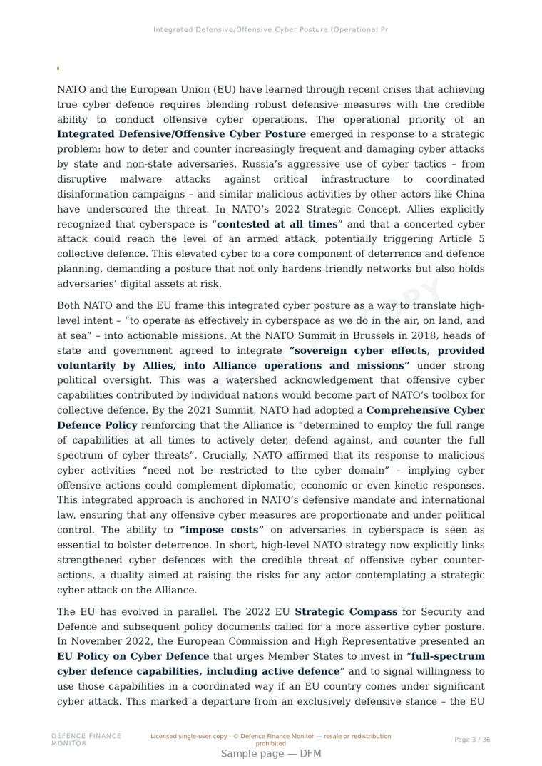 Sample page from “Integrated Defensive/Offensive Cyber Posture (Operational Priorities)” — 37-page report