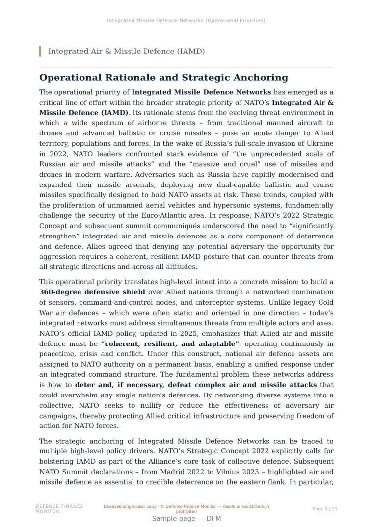 Sample page from “Integrated Missile Defence Networks (Operational Priorities)” — 32-page report