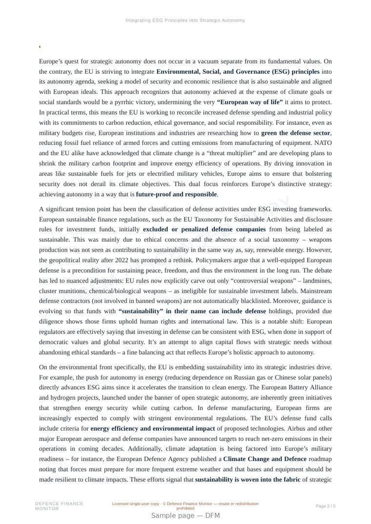 Sample page from “Integrating ESG Principles into Strategic Autonomy” — 6-page report