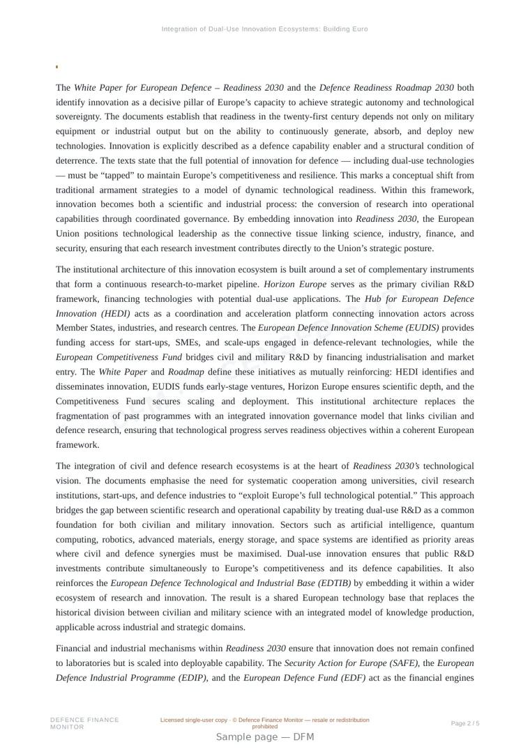 Sample page from “Integration of Dual-Use Innovation Ecosystems: Building Europe’s Technological Core for Readiness 2030” — 6-page report