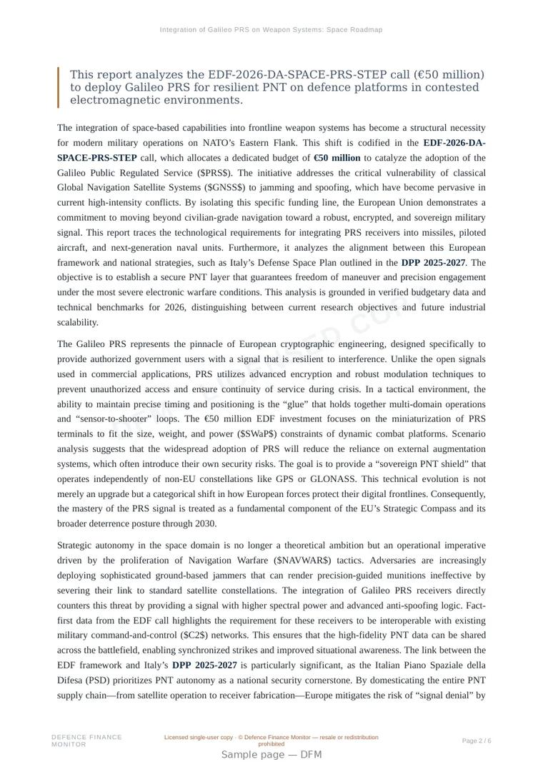 Sample page from “Integration of Galileo PRS on Weapon Systems: Space Roadmap 2026” — 7-page report