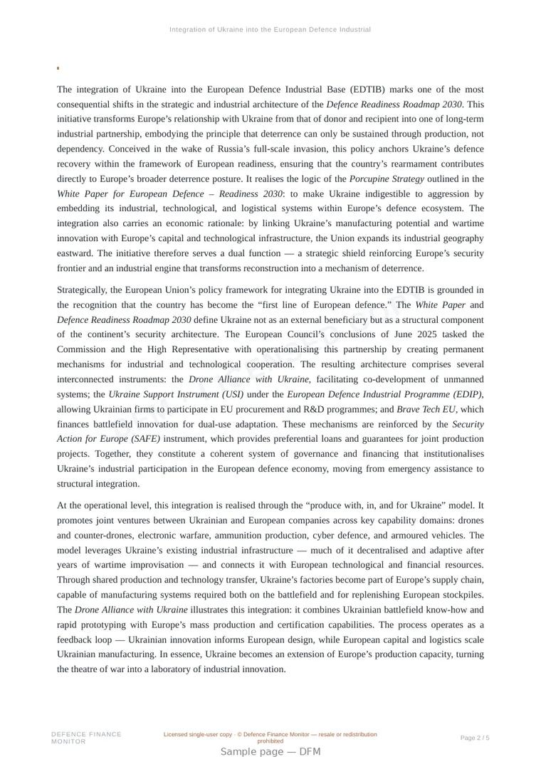Sample page from “Integration of Ukraine into the European Defence Industrial Base: From Assistance to Co-Production” — 6-page report