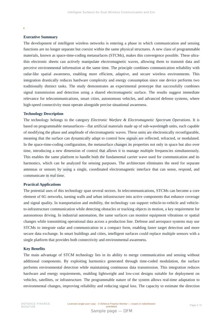 Sample page from “Intelligent Surfaces for Dual Wireless Communication and Environmental Sensing” — 6-page report