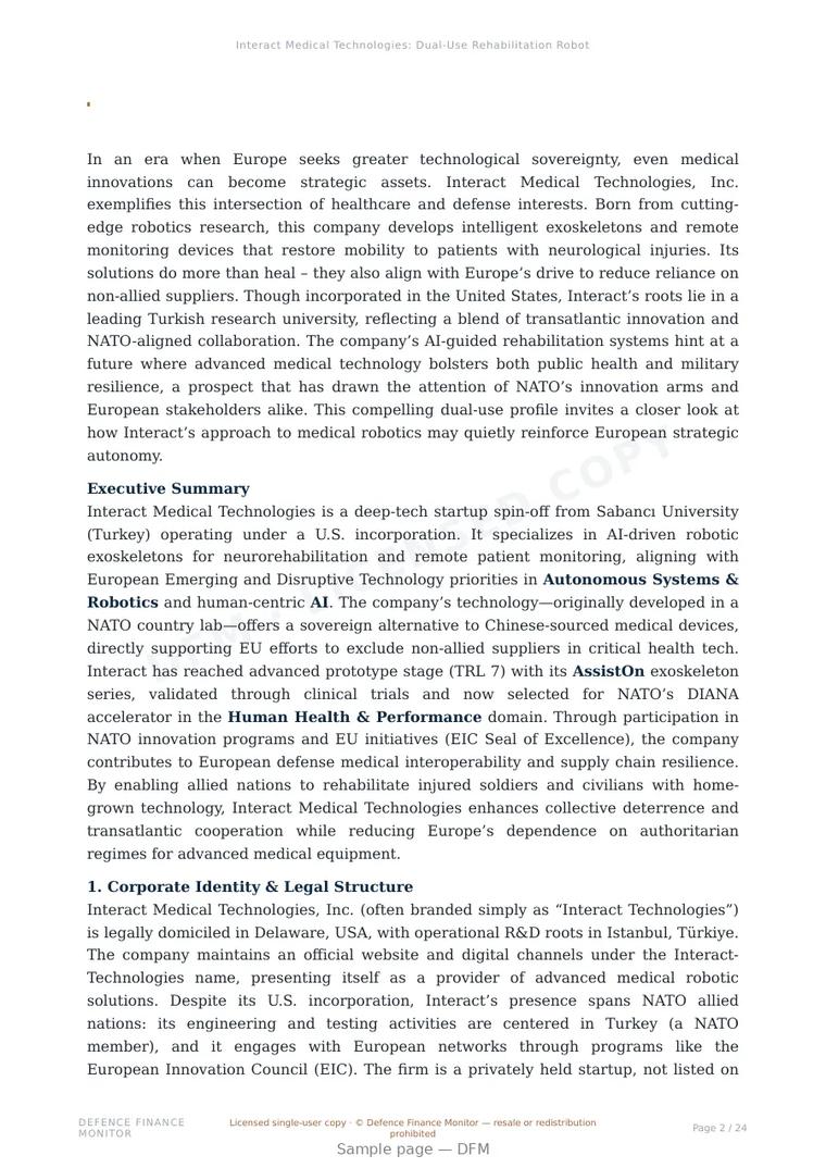 Sample page from “Interact Medical Technologies: Dual-Use Rehabilitation Robotics for European Strategic Autonomy” — 25-page report