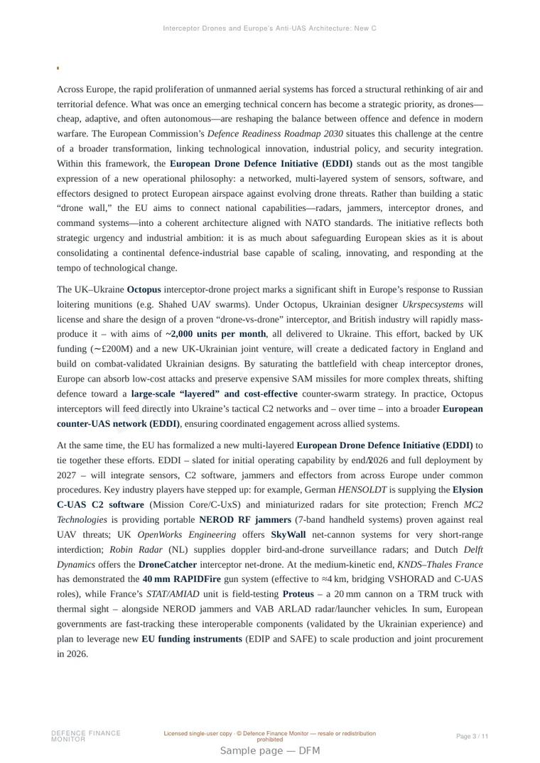 Sample page from “Interceptor Drones and Europe’s Anti-UAS Architecture: New Capabilities and Industrial Actors” — 12-page report