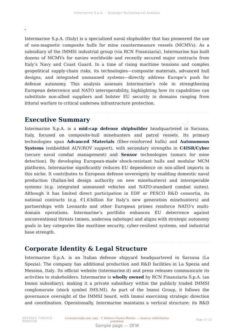 Sample page from “Intermarine S.p.A. — Italy defence company” — 13-page report