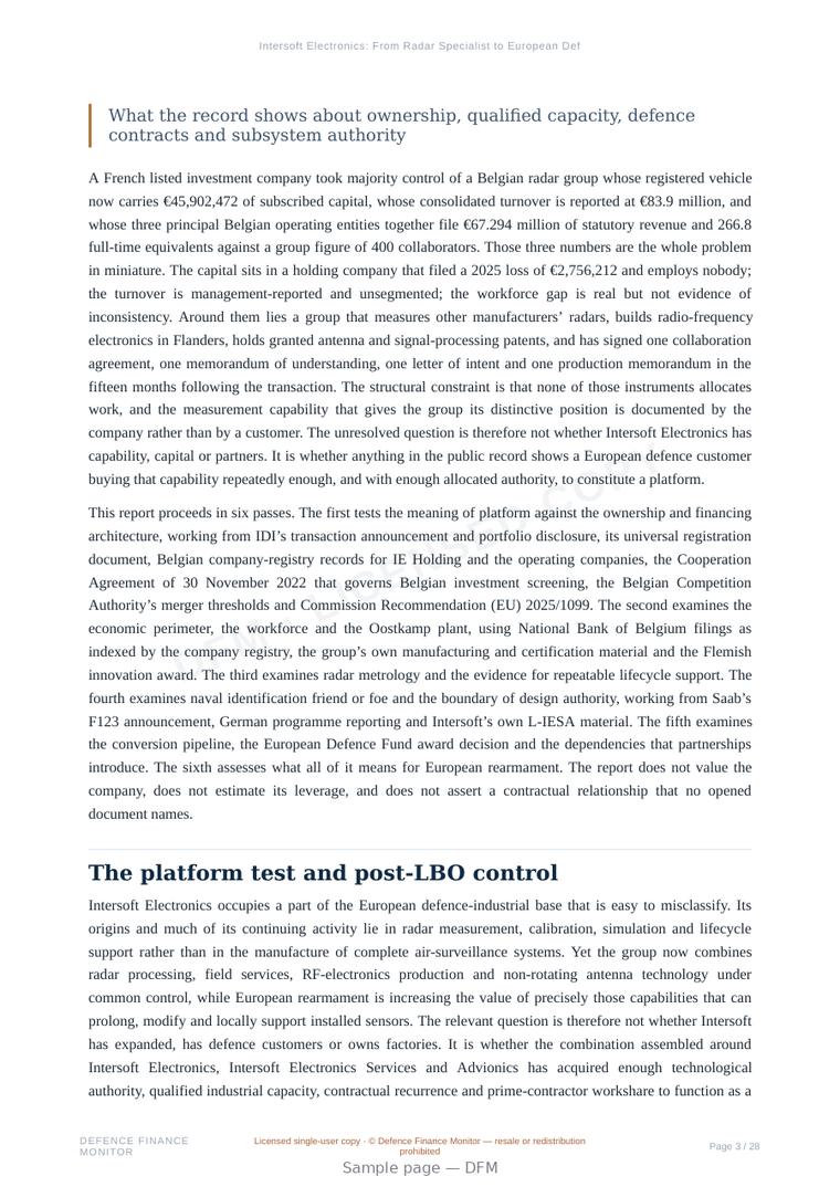 Sample page from “Intersoft Electronics: From Radar Specialist to European Defence Platform?” — 29-page report
