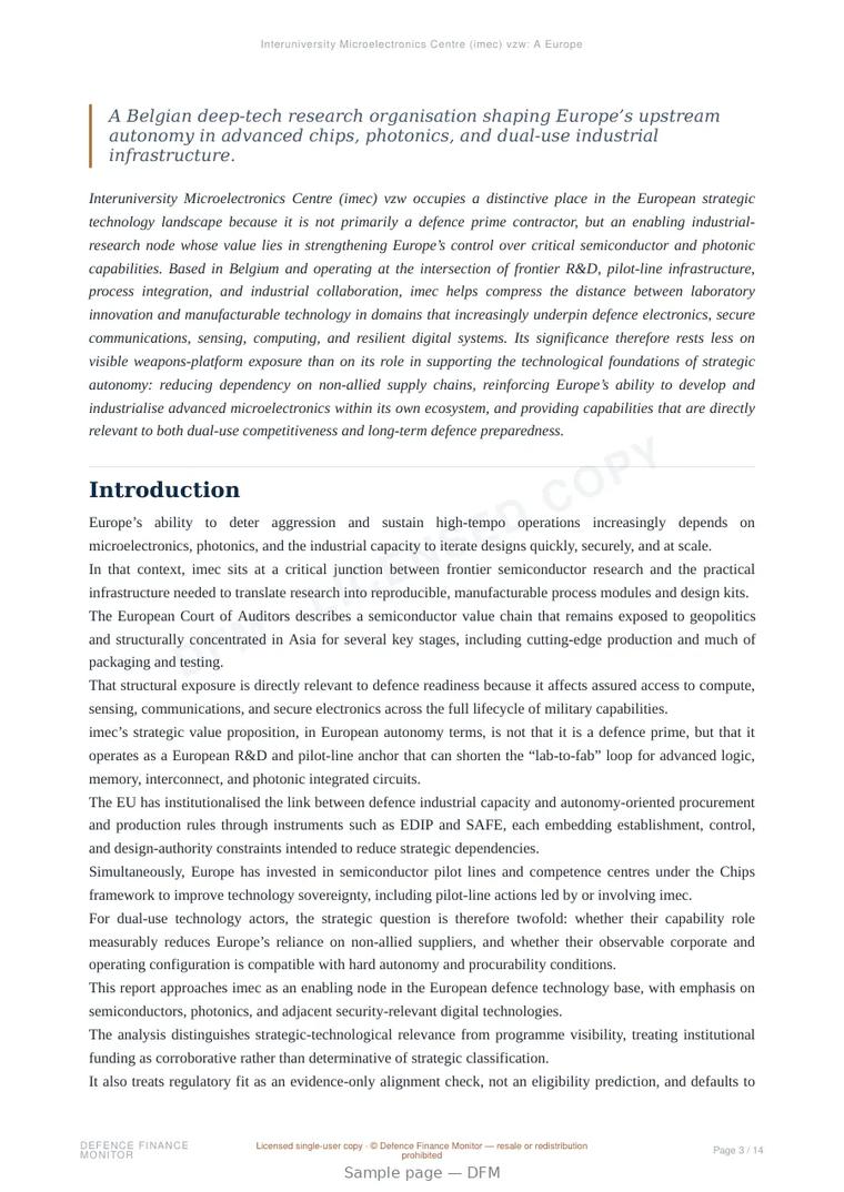Sample page from “Interuniversity Microelectronics Centre (imec) vzw: A European Semiconductor and Photonics R&D Anchor for Strategic Technology Sovereignty” — 15-page report