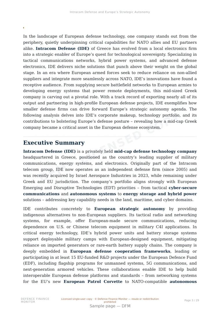 Sample page from “Intracom Defense and Europe’s Strategic Autonomy” — 30-page report
