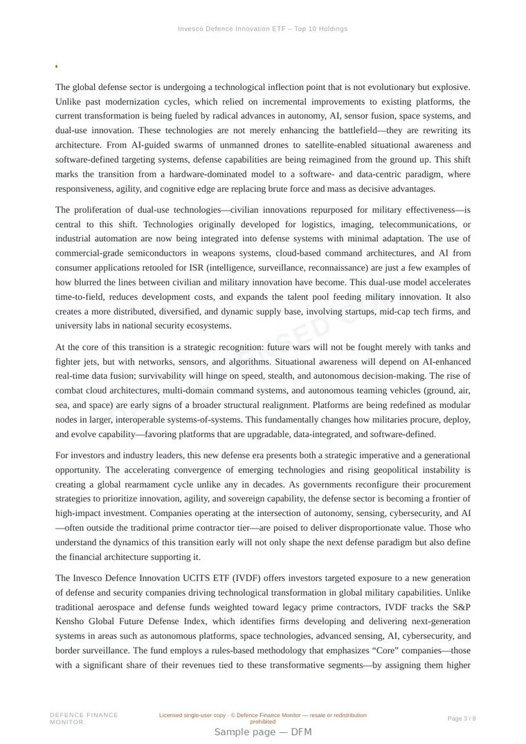 Sample page from “Invesco Defence Innovation ETF – Top 10 Holdings” — 10-page report