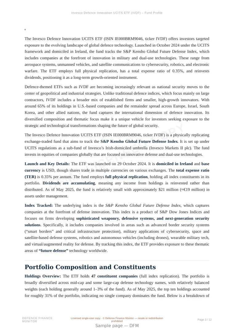 Sample page from “Invesco Defence Innovation UCITS ETF (IVDF) – Fund Profile” — 13-page report