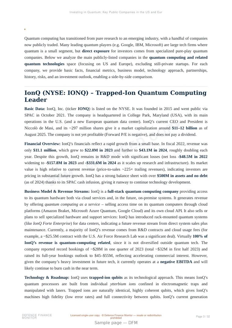 Sample page from “Investing in Quantum: Key Public Companies in the US and Europe” — 33-page report