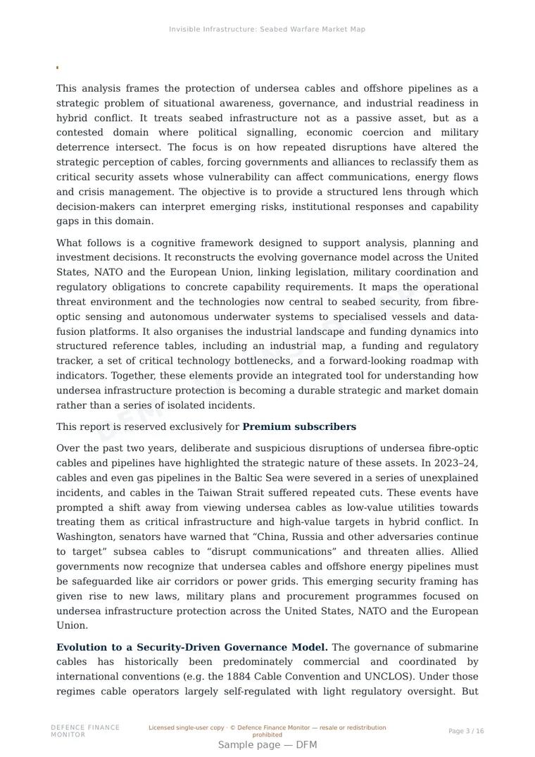 Sample page from “Invisible Infrastructure: Seabed Warfare Market Map” — 17-page report